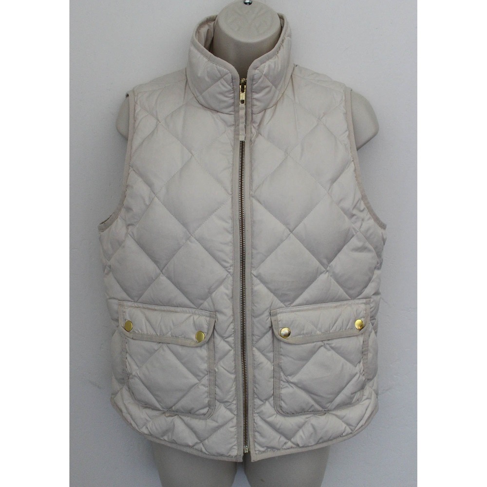 J.Crew Puffer Vest‎ PM Petite Medium Ivory Full Zip Excursion Quilted Down